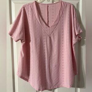 Pink V-Neck Eyelet Women Top